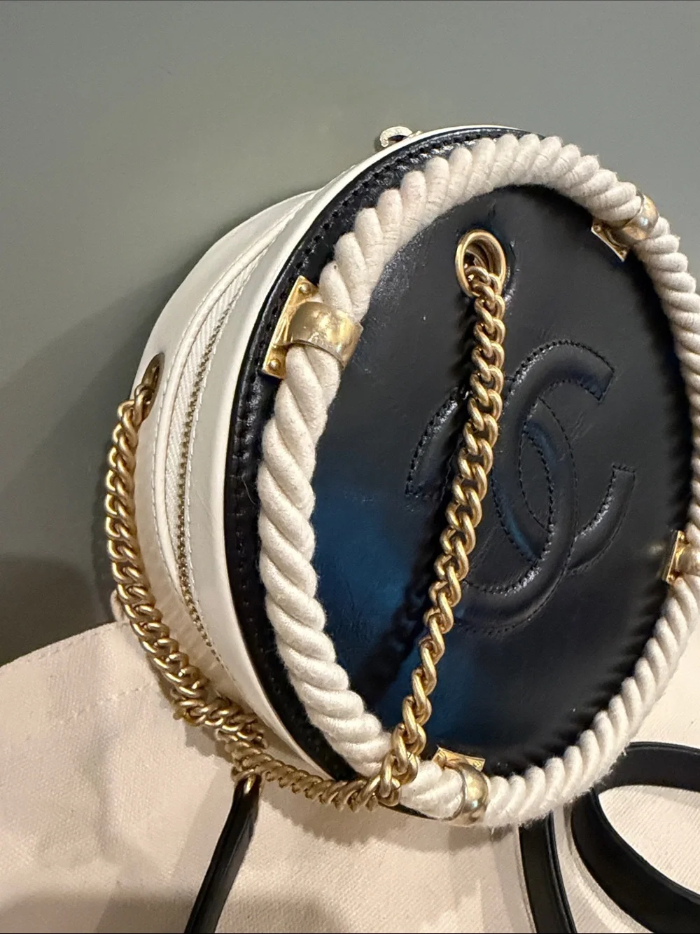 CHANEL Black Leather Circular Crossbody with Cream Rope Trim